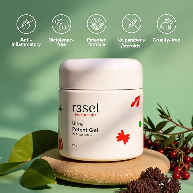 R3SET Ultra Potent Pain Relief Gel | 100% Natural Ingredients for Muscle, Joint, Back, Neck & Knee Pain | 2X Faster Action, Light Texture, No Side Effects, Safe for Daily Use - 100g