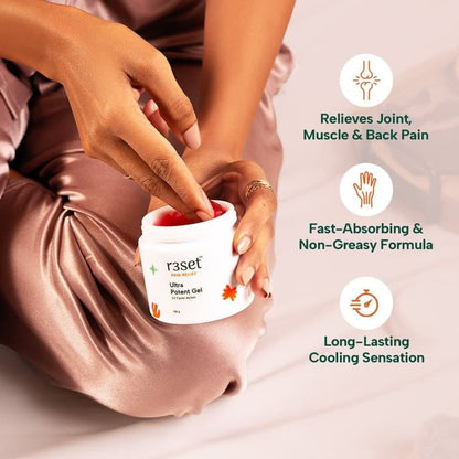 R3SET Ultra Potent Pain Relief Gel | 100% Natural Ingredients for Muscle, Joint, Back, Neck & Knee Pain | 2X Faster Action, Light Texture, No Side Effects, Safe for Daily Use - 100g