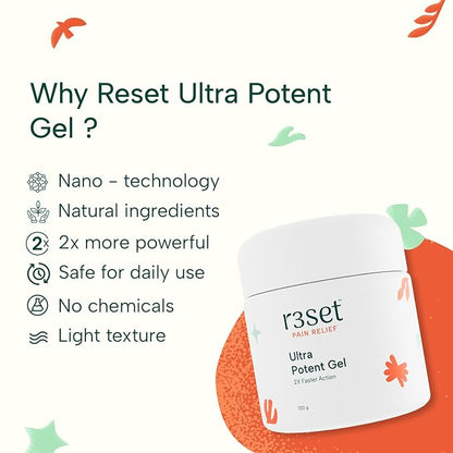 R3SET Ultra Potent Pain Relief Gel | 100% Natural Ingredients for Muscle, Joint, Back, Neck & Knee Pain | 2X Faster Action, Light Texture, No Side Effects, Safe for Daily Use - 100g